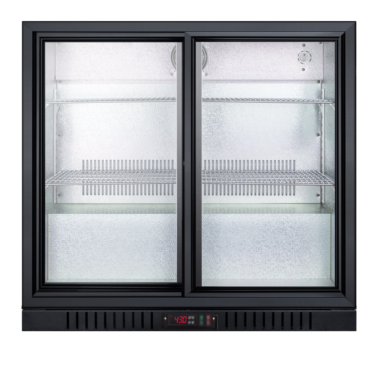 Commercial back bar beverage center for freestanding use, with sliding glass doors and stainless steel wrapped cabinet; replaces SCR700CSS